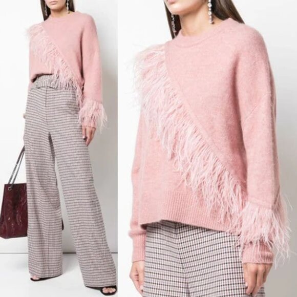 Cinq À Sept Merritt Feather Trimmed Sweater Pullover Peony Pink Wool Blend $395 - Picture 1 of 16